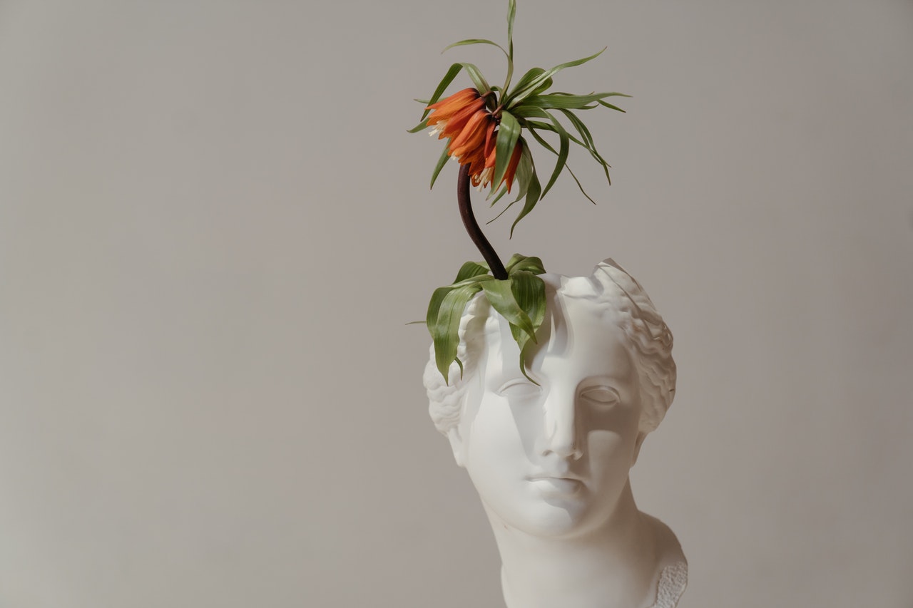 Ceramic sculpture of a woman's head with a flower plant on her head